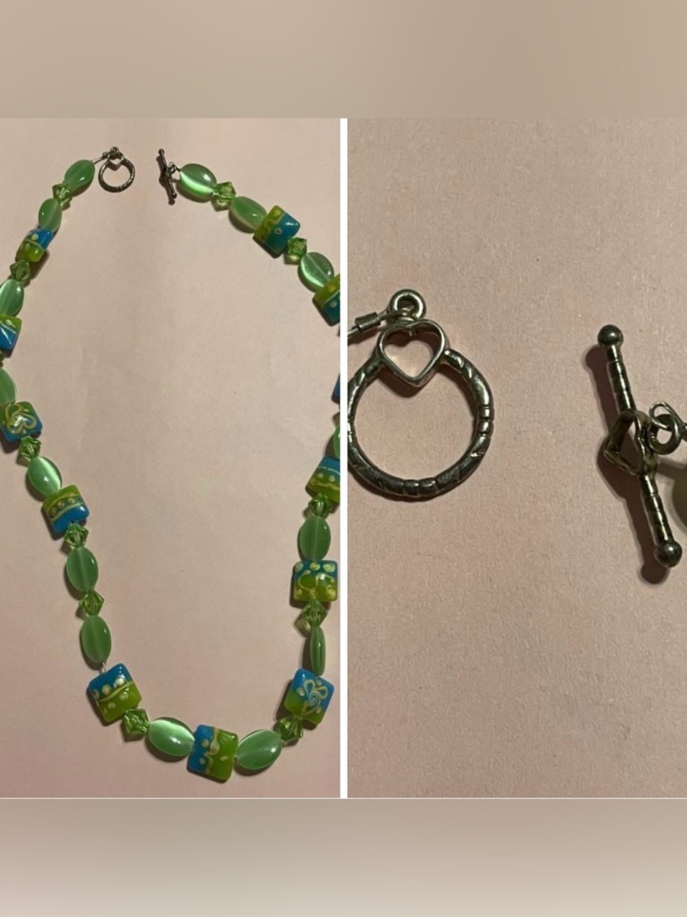 Green Art Glass & More Bead Necklace w/ Sterling Clasp #9366